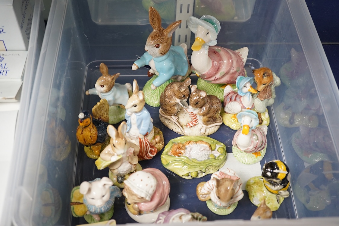 Seventeen boxed Royal Albert Beatrix Potter characters including 1993 The Christmas Stocking, Babbitt Bumble, Tabitha Twitchett and Miss Moppet, tallest 18cm. Condition - characters good, boxes poor to fair